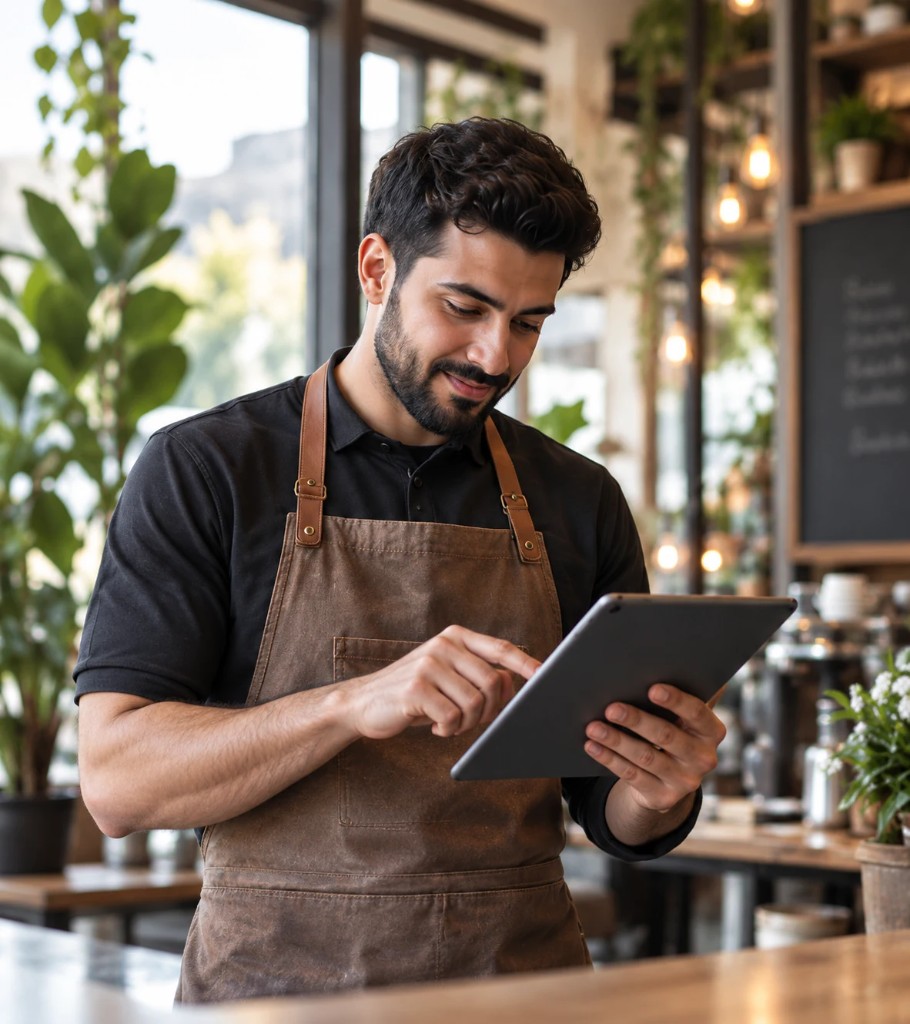 Café owner managing work on a tablet